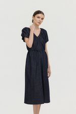 LINETTE PLEATED PUFF SLEEVES DENIM MIDI DRESS