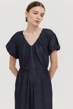 LINETTE PLEATED PUFF SLEEVES DENIM MIDI DRESS