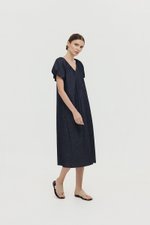 LINETTE PLEATED PUFF SLEEVES DENIM MIDI DRESS