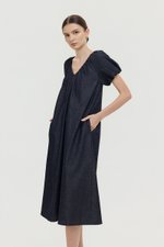 LINETTE PLEATED PUFF SLEEVES DENIM MIDI DRESS