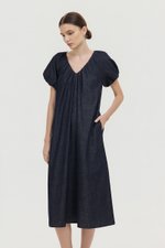 LINETTE PLEATED PUFF SLEEVES DENIM MIDI DRESS