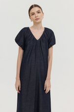LINETTE PLEATED PUFF SLEEVES DENIM MIDI DRESS