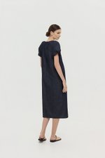 LINETTE PLEATED PUFF SLEEVES DENIM MIDI DRESS
