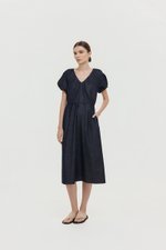 LINETTE PLEATED PUFF SLEEVES DENIM MIDI DRESS
