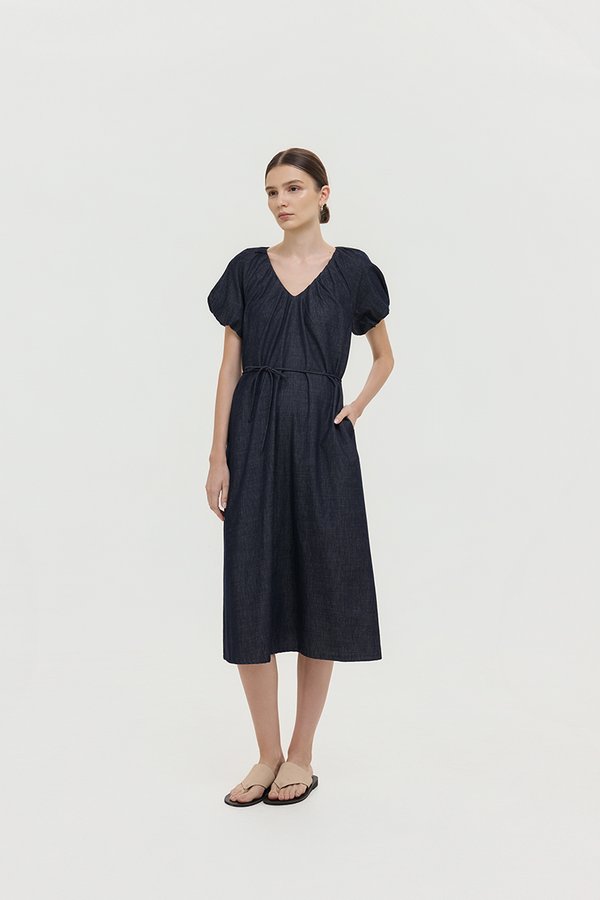 LINETTE PLEATED PUFF SLEEVES DENIM MIDI DRESS