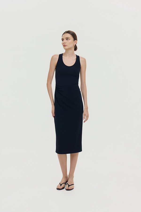 NOELIA SCOOP NECK RUCHED MIDI DRESS