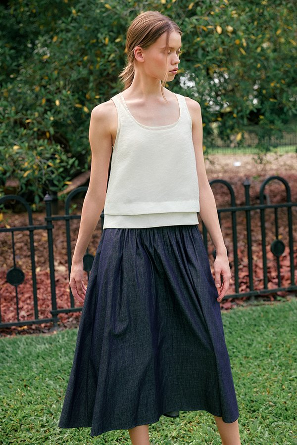 BROOKLYN PIN TUCK DENIM MIDI SKIRT