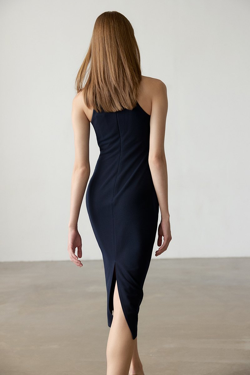 NOELIA HALTER NECK RUCHED MIDI DRESS