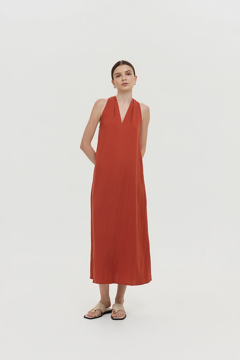 RYLENE LINEN HALTER TRAPEZE DRESS W SASH