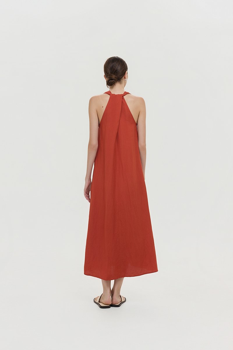 RYLENE LINEN HALTER TRAPEZE DRESS W SASH