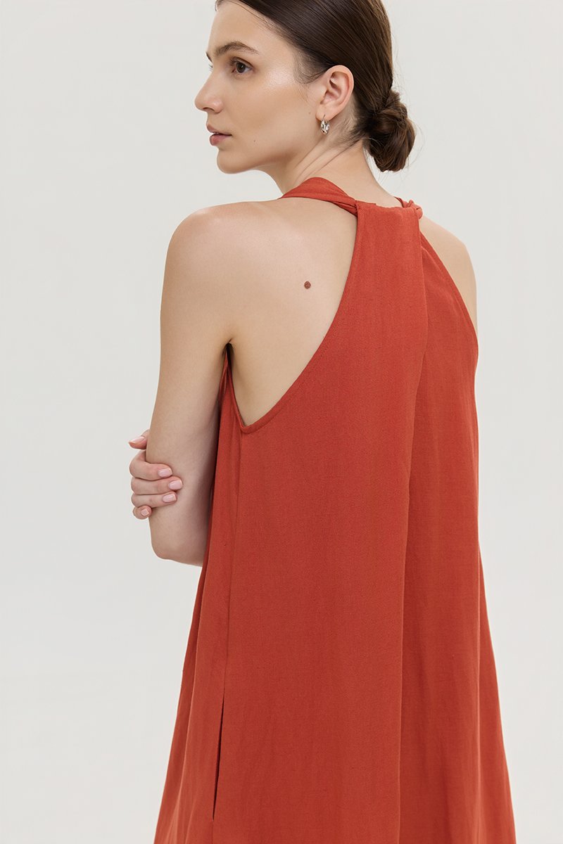 RYLENE LINEN HALTER TRAPEZE DRESS W SASH