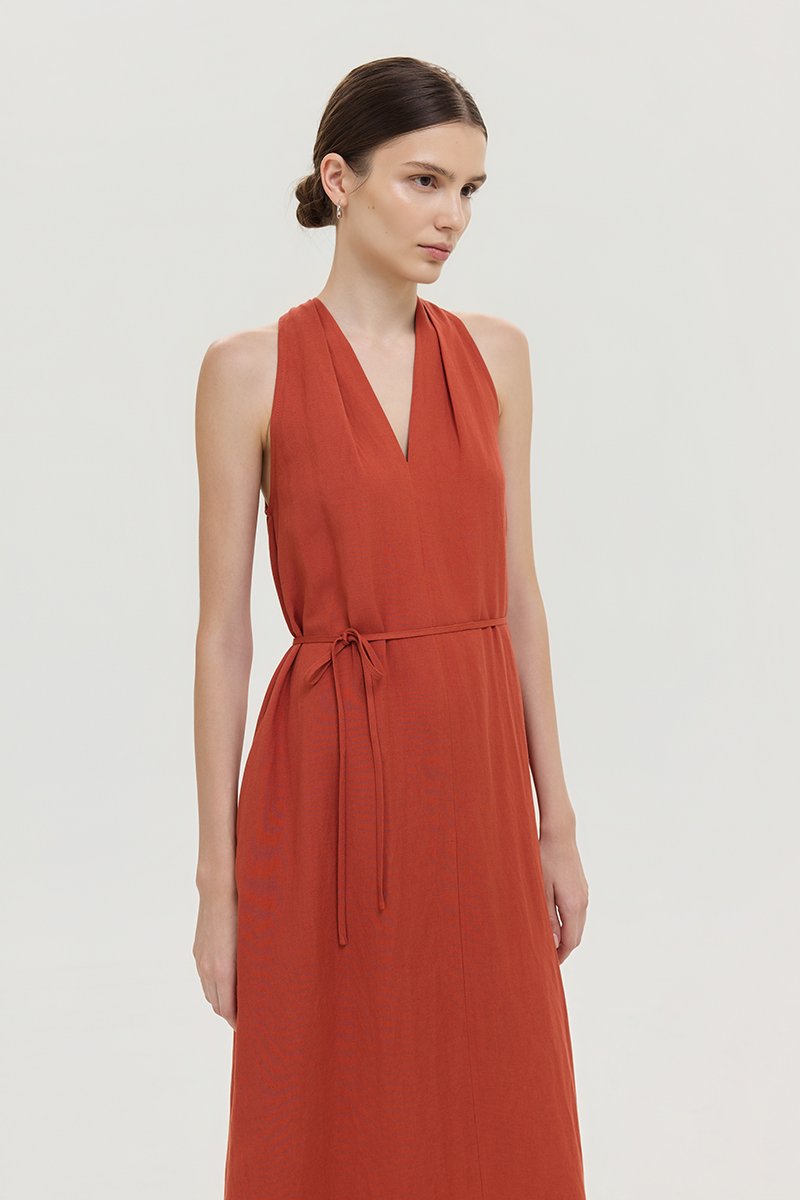 RYLENE LINEN HALTER TRAPEZE DRESS W SASH
