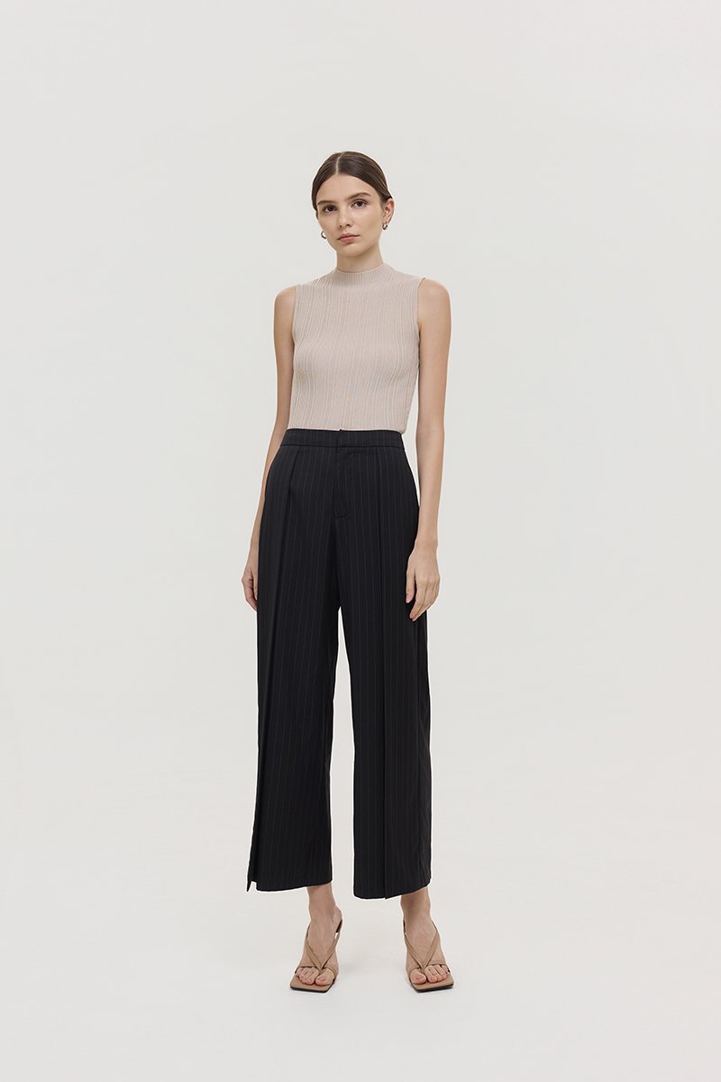 REGINE PIN STRIPED PLEATED WIDE LEG PANTS
