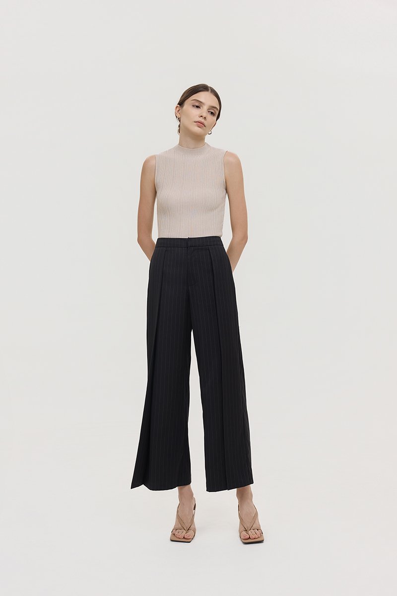 REGINE PIN STRIPED PLEATED WIDE LEG PANTS