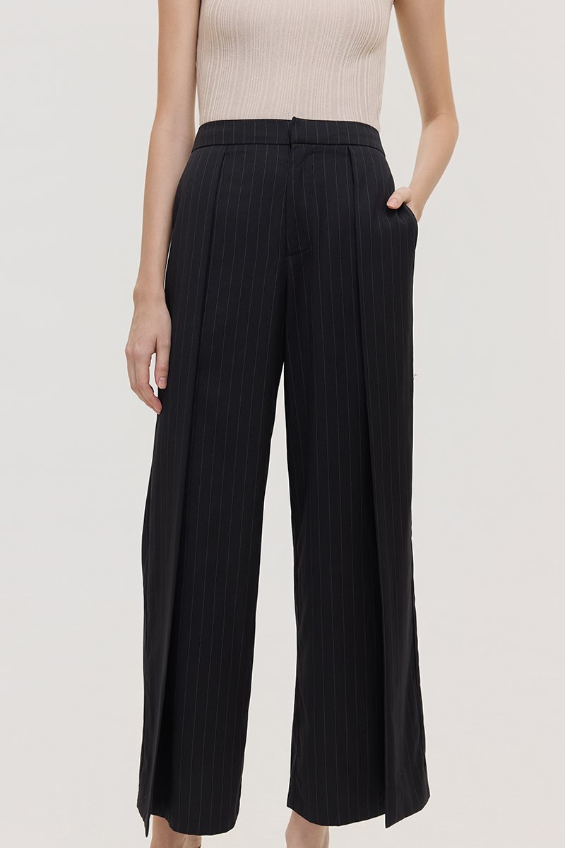 REGINE PIN STRIPED PLEATED WIDE LEG PANTS