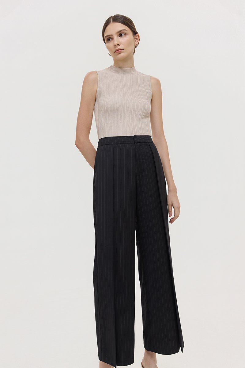 REGINE PIN STRIPED PLEATED WIDE LEG PANTS