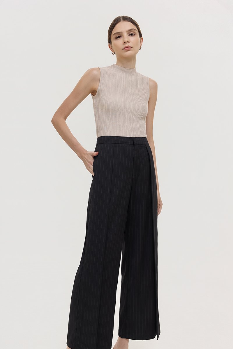 REGINE PIN STRIPED PLEATED WIDE LEG PANTS