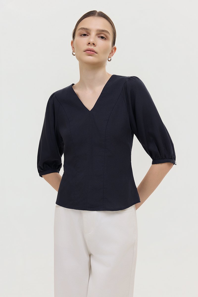 MIRANA PANELLED SLEEVED LINEN TOP
