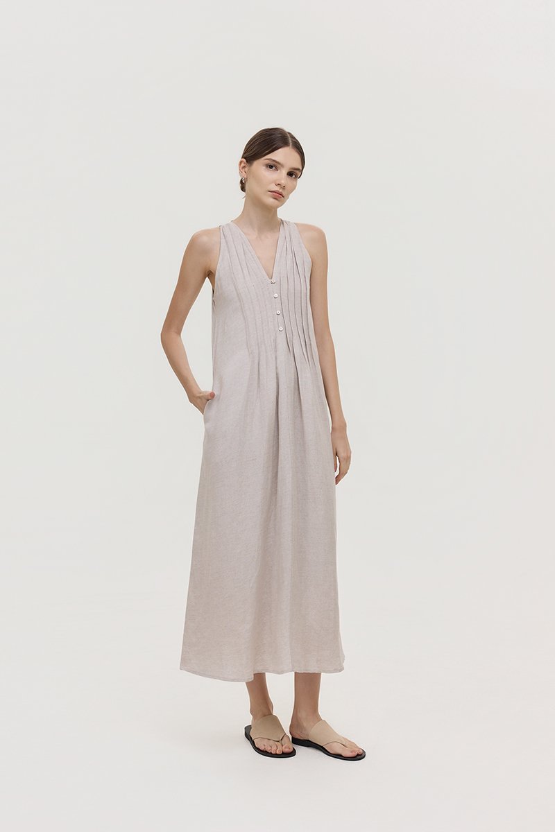 *PREORDER* RAYSA LINEN PLEATS HALTER DRESS W SASH
