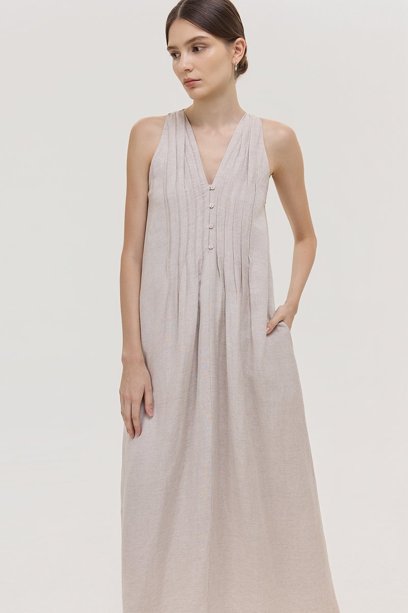 *PREORDER* RAYSA LINEN PLEATS HALTER DRESS W SASH