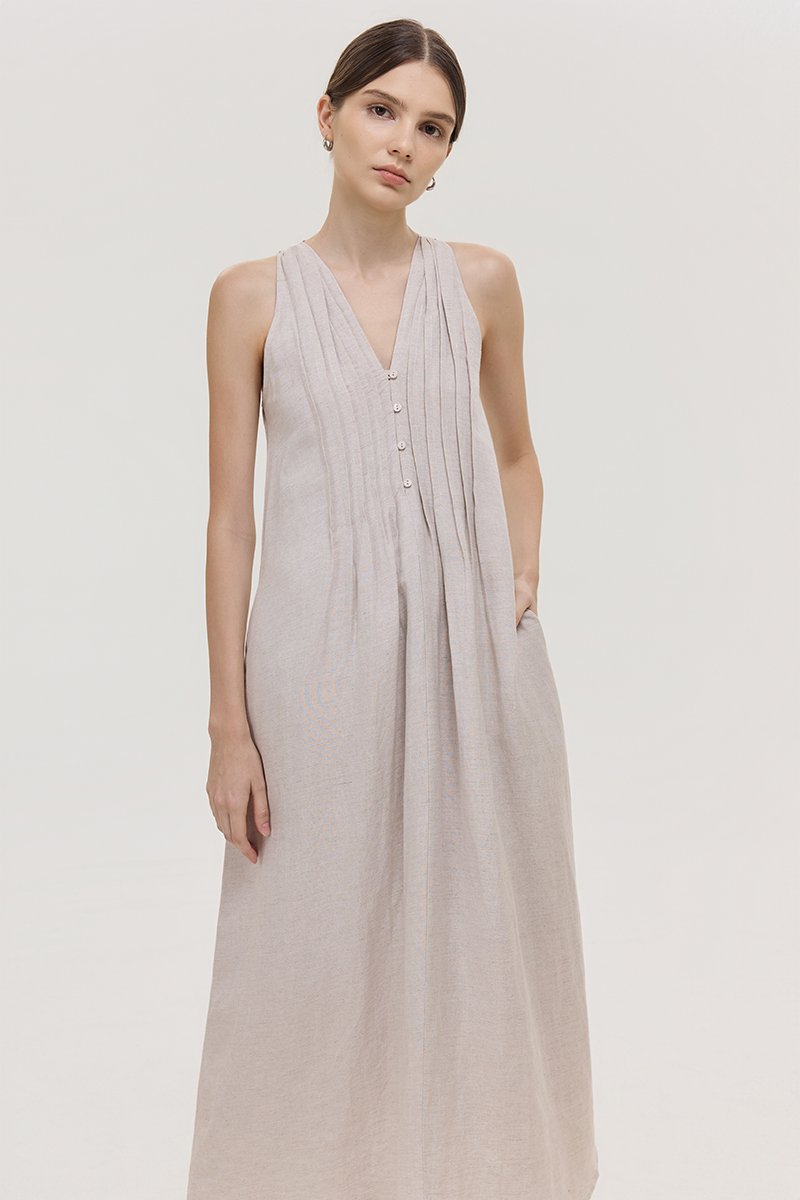 *PREORDER* RAYSA LINEN PLEATS HALTER DRESS W SASH