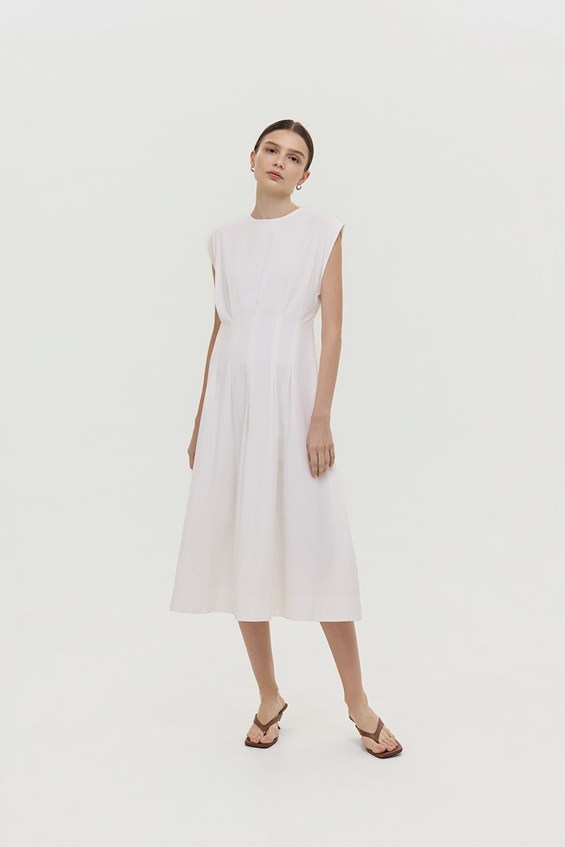 ALVEN PLEATED WAIST POPLIN MIDI DRESS