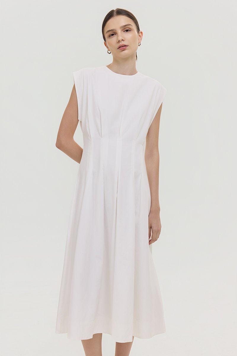 ALVEN PLEATED WAIST POPLIN MIDI DRESS