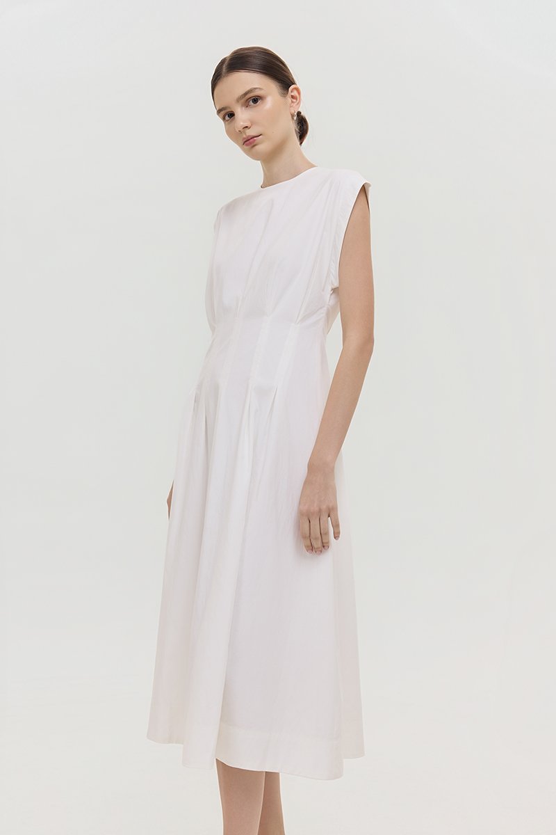 ALVEN PLEATED WAIST POPLIN MIDI DRESS