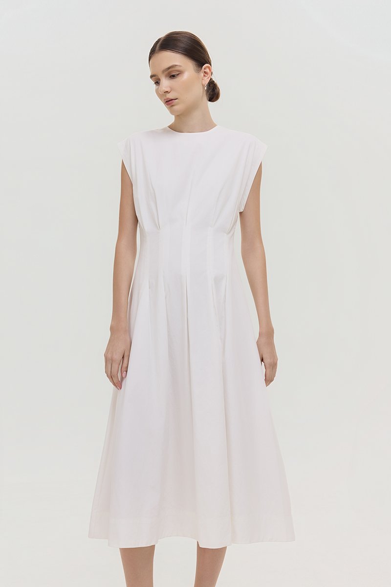 ALVEN PLEATED WAIST POPLIN MIDI DRESS