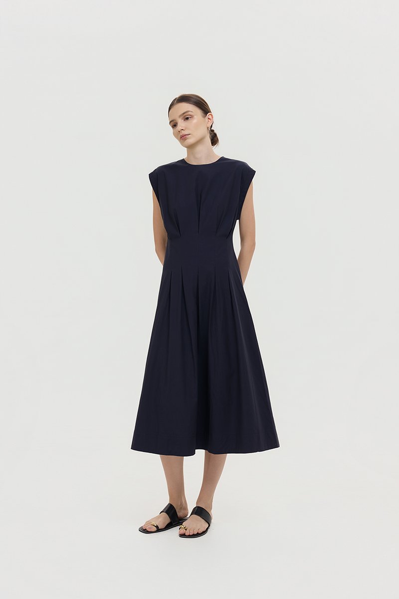 ALVEN PLEATED WAIST POPLIN MIDI DRESS