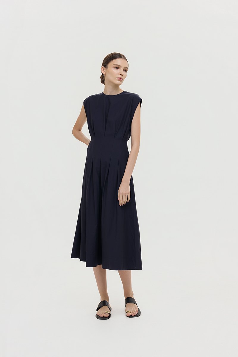ALVEN PLEATED WAIST POPLIN MIDI DRESS