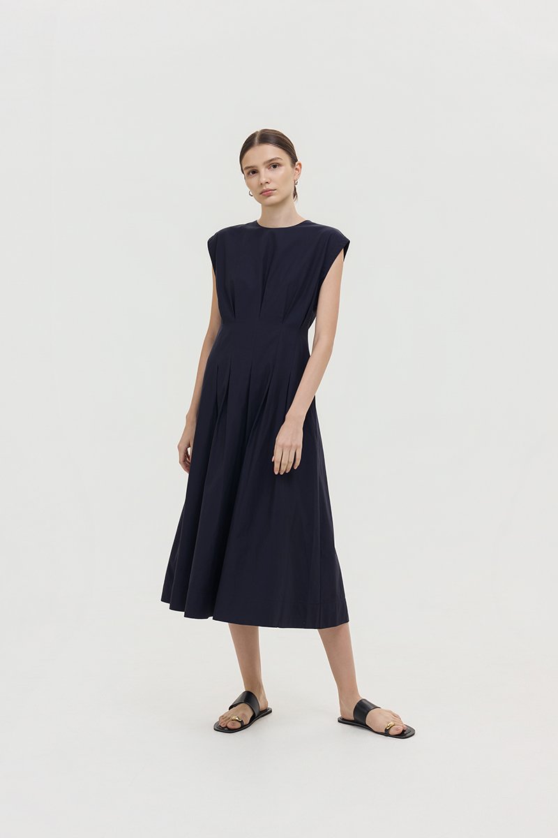 ALVEN PLEATED WAIST POPLIN MIDI DRESS
