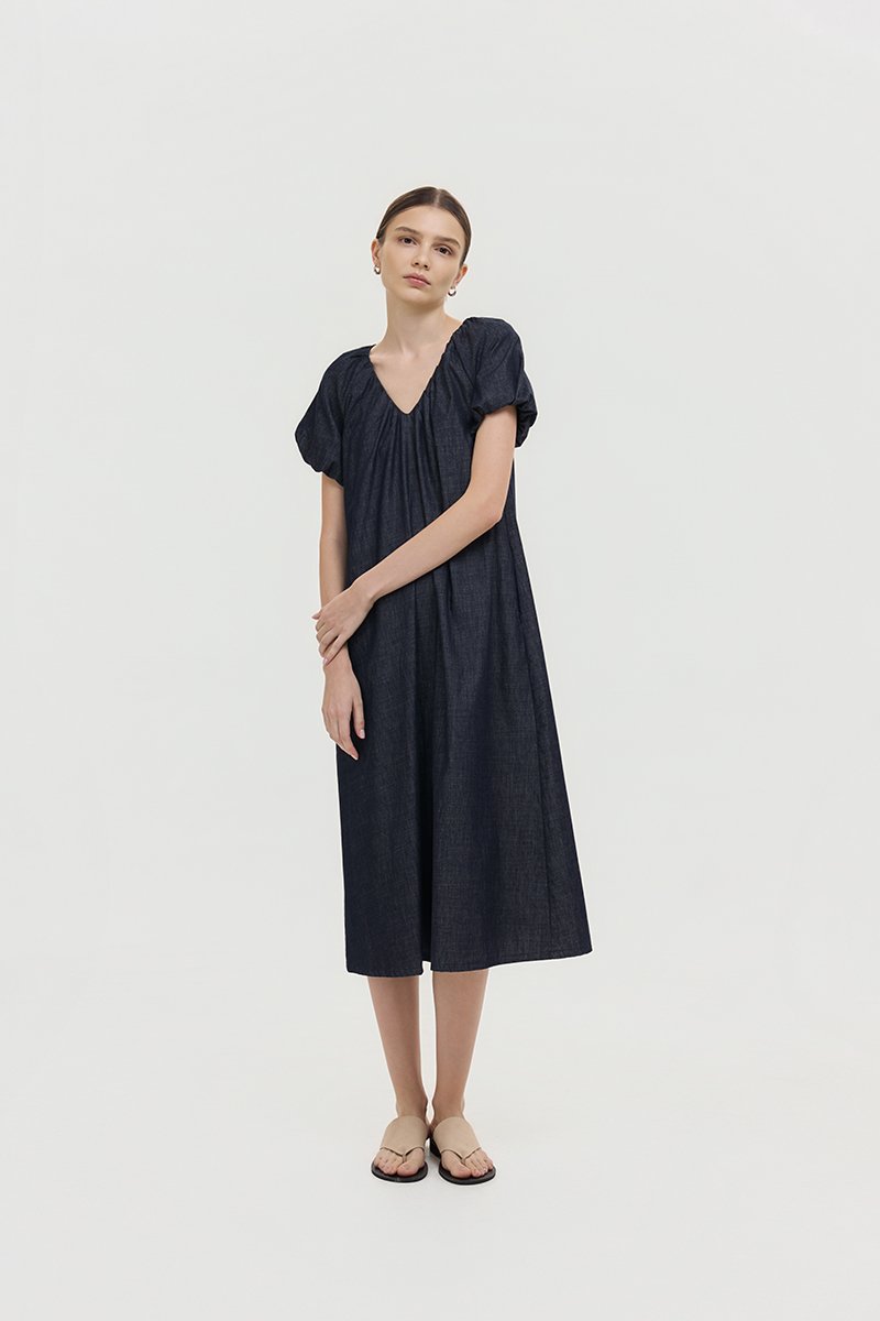 LINETTE PLEATED PUFF SLEEVES DENIM MIDI DRESS