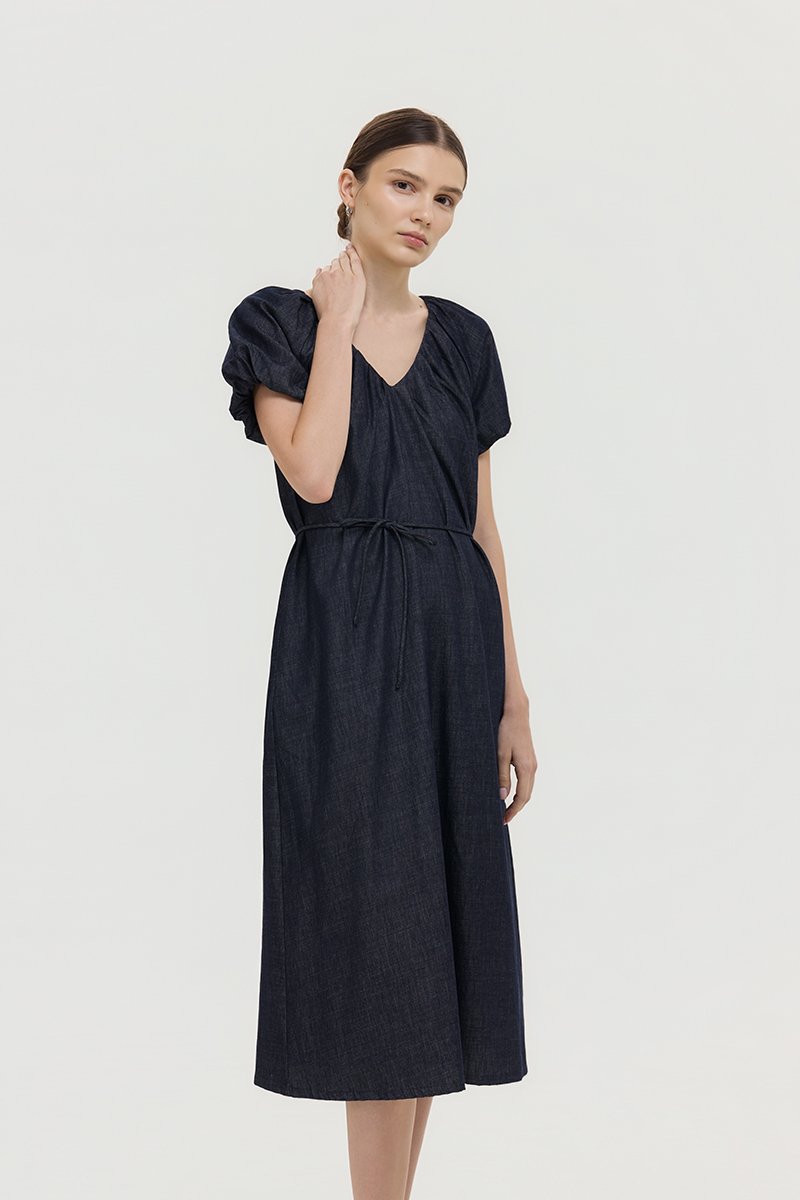 LINETTE PLEATED PUFF SLEEVES DENIM MIDI DRESS