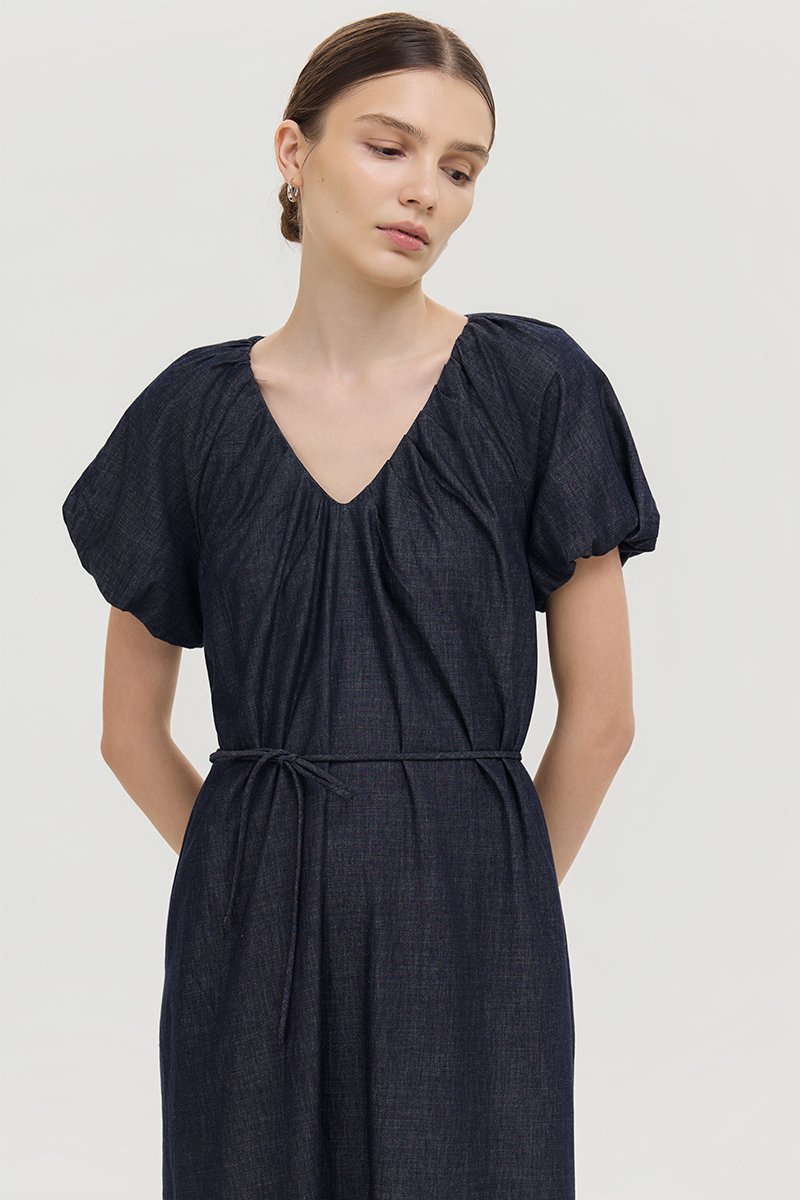 LINETTE PLEATED PUFF SLEEVES DENIM MIDI DRESS