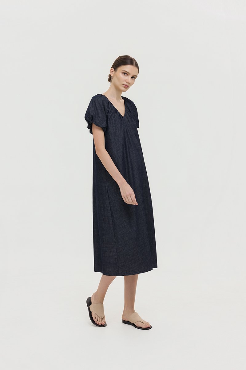 LINETTE PLEATED PUFF SLEEVES DENIM MIDI DRESS