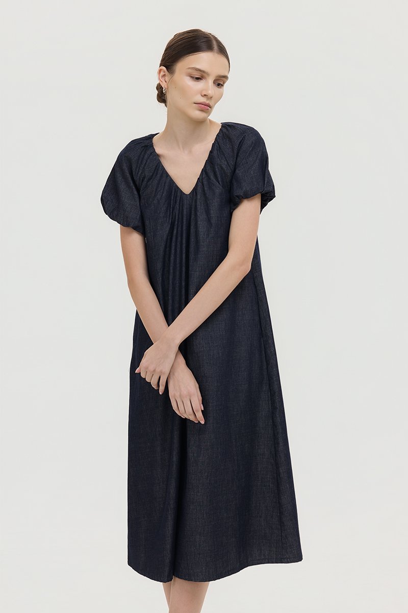 LINETTE PLEATED PUFF SLEEVES DENIM MIDI DRESS