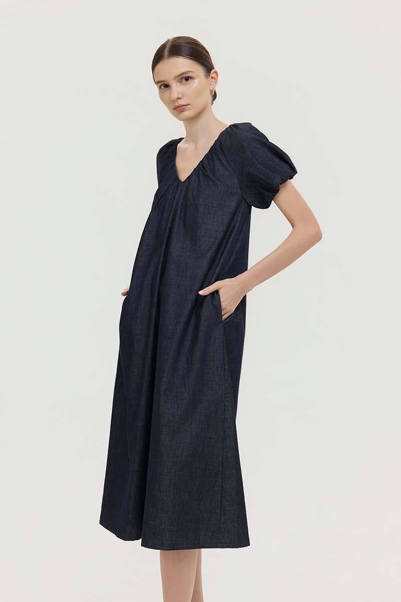 LINETTE PLEATED PUFF SLEEVES DENIM MIDI DRESS