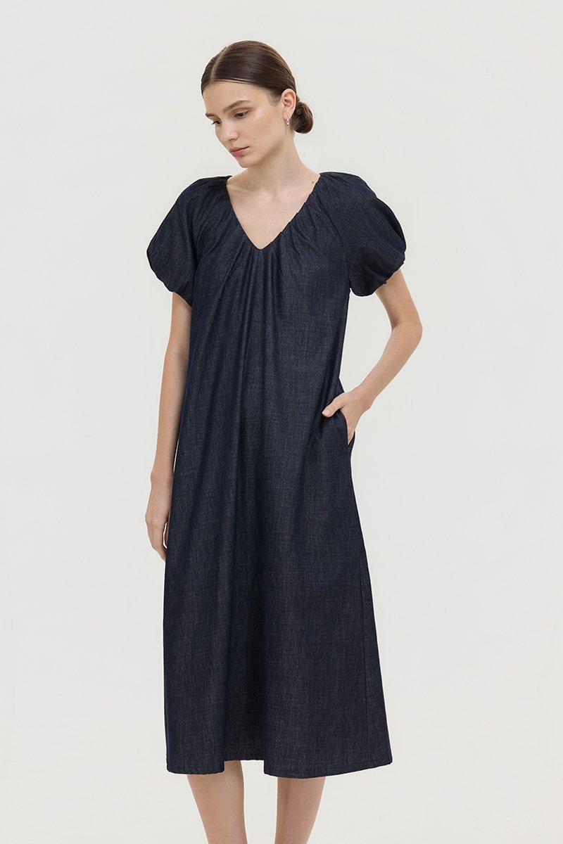 LINETTE PLEATED PUFF SLEEVES DENIM MIDI DRESS