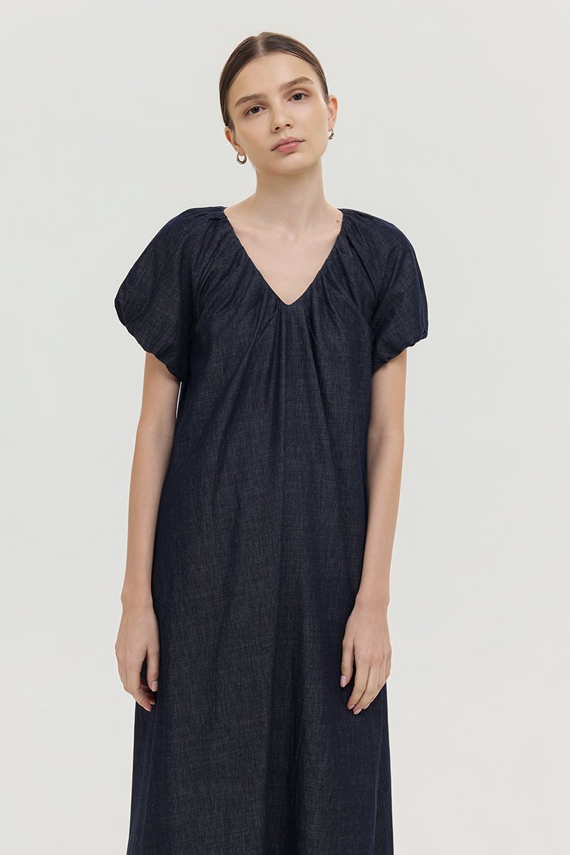 LINETTE PLEATED PUFF SLEEVES DENIM MIDI DRESS