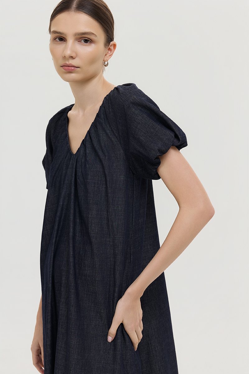 LINETTE PLEATED PUFF SLEEVES DENIM MIDI DRESS