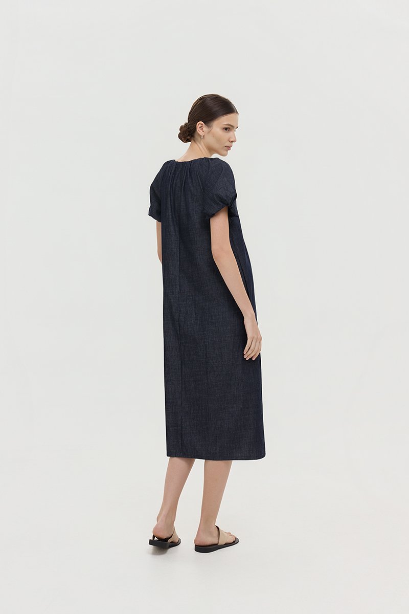 LINETTE PLEATED PUFF SLEEVES DENIM MIDI DRESS