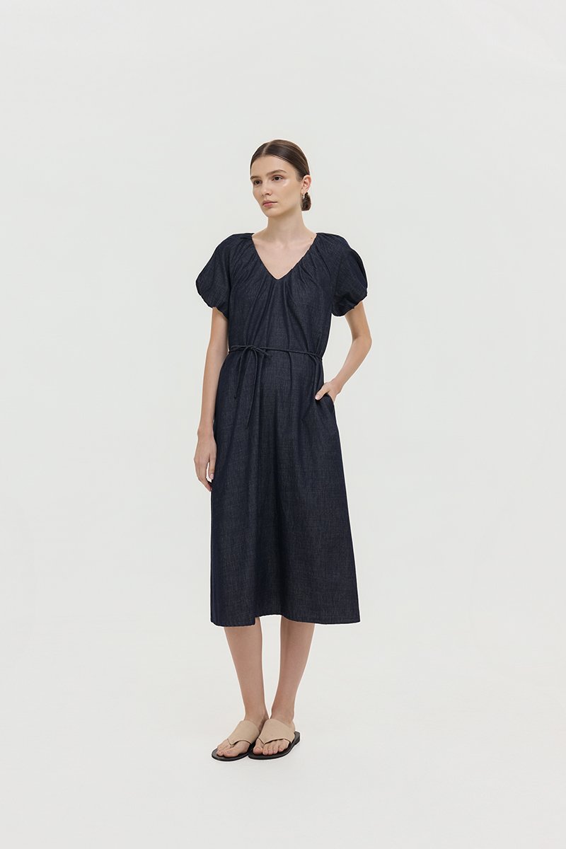 LINETTE PLEATED PUFF SLEEVES DENIM MIDI DRESS