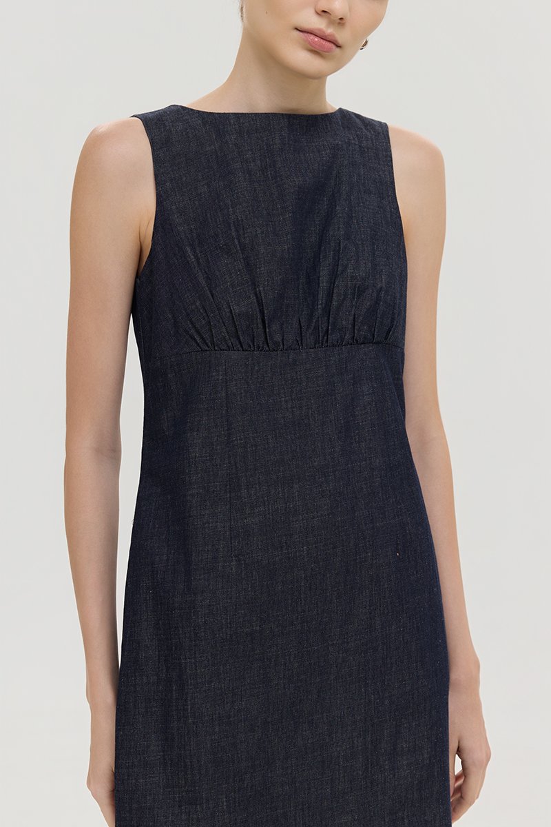 SVEN RUCHED DENIM CHAMBRAY DRESS