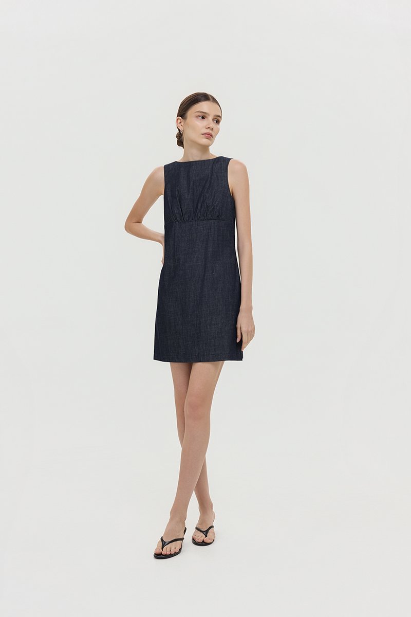 SVEN RUCHED DENIM CHAMBRAY DRESS