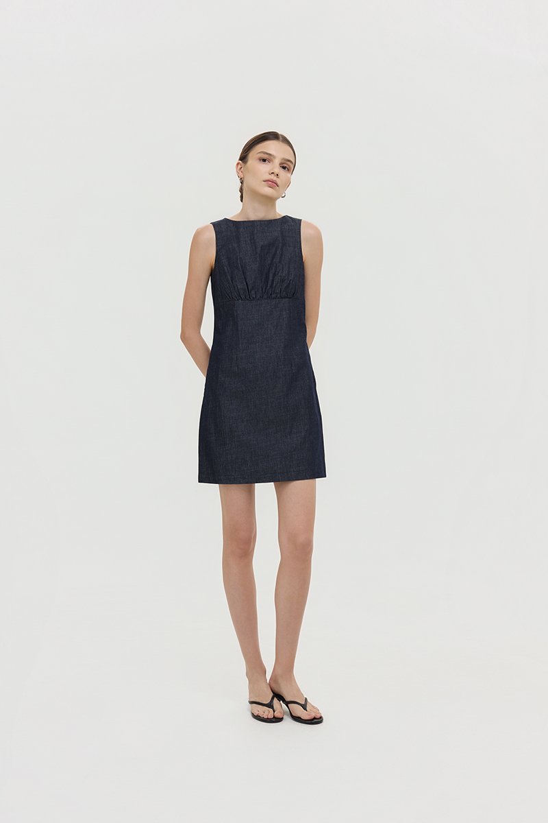 SVEN RUCHED DENIM CHAMBRAY DRESS