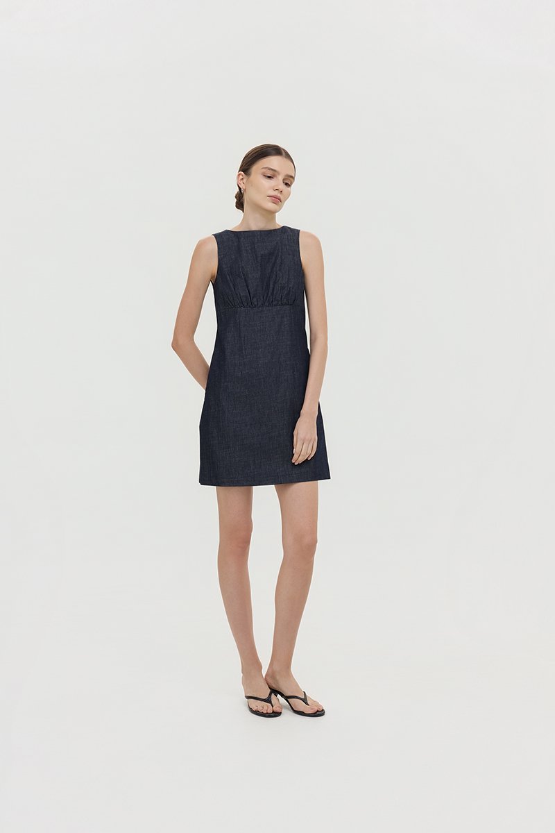 SVEN RUCHED DENIM CHAMBRAY DRESS