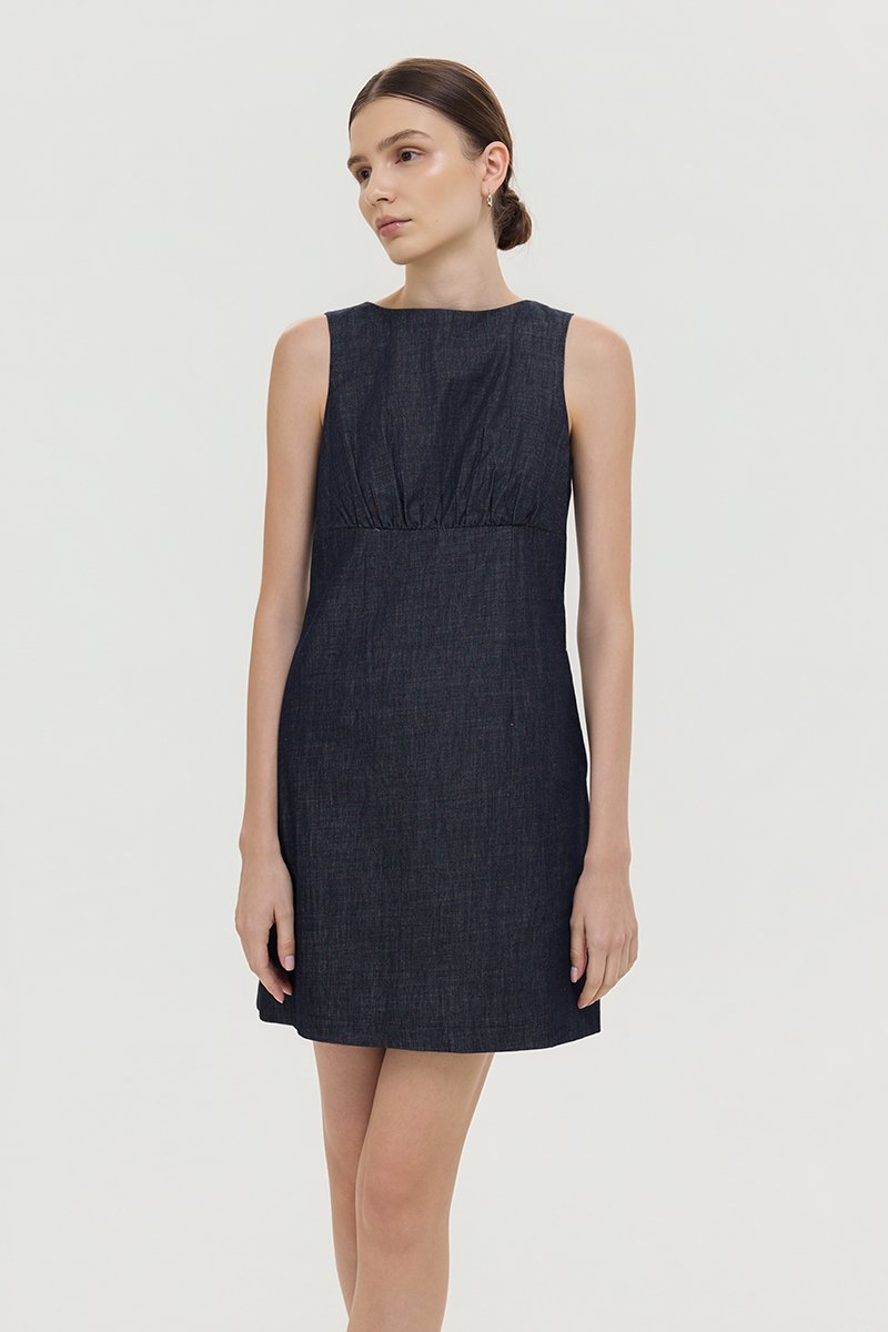 SVEN RUCHED DENIM CHAMBRAY DRESS