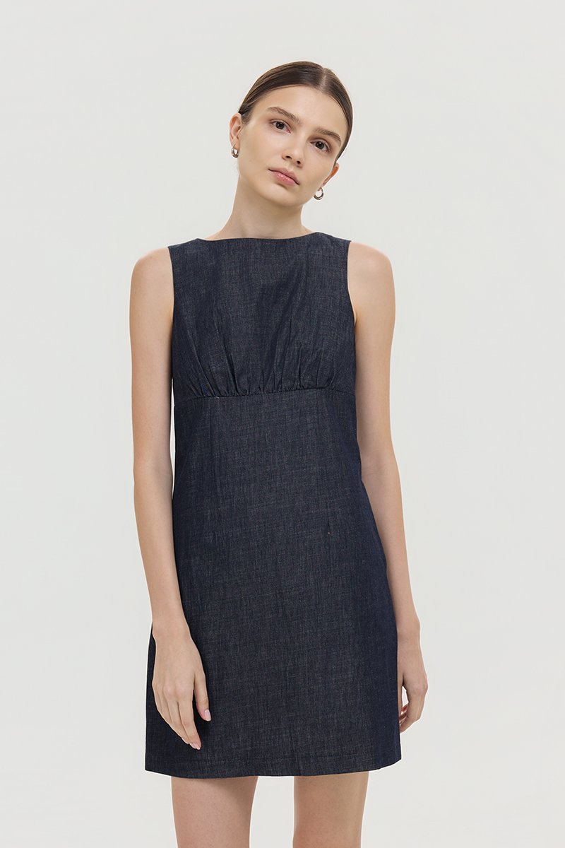 SVEN RUCHED DENIM CHAMBRAY DRESS