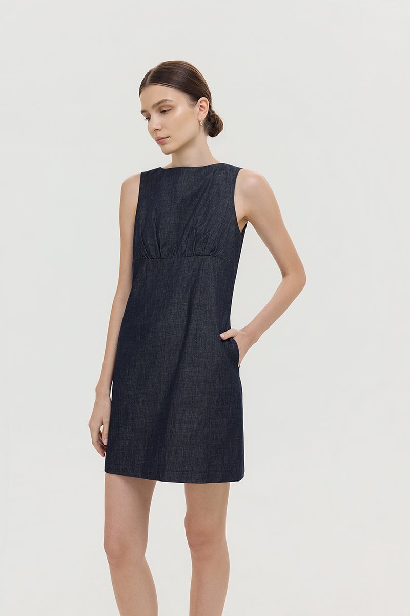 SVEN RUCHED DENIM CHAMBRAY DRESS